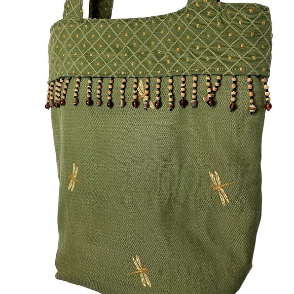 Green Canvas Boho Purse Bag Embroidered Dragonfly Wood Bead Snap Close Unbranded - Picture 3 of 9